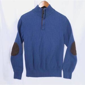 Jos A Bank 1/4 Zip‎ Elbow Patch Sweater Mens Sz M Mock Neck Pullover Cotton Blue